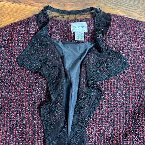 Chico's Women’s Red/Burgundy Tweed Blazer with Black Lace Detail Chico’s 2/Large - Picture 4 of 11